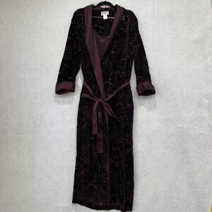 Cabernet Robe Womens Medium Velvet Floral Kimono Tie Belt Silk Trim 3/4 Sleeve